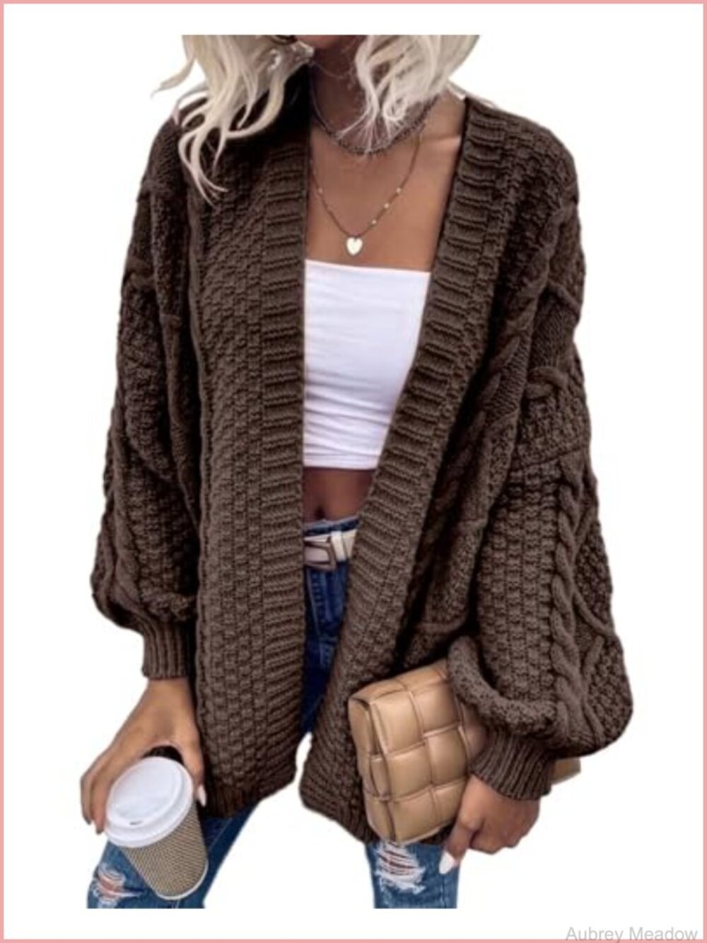 Oversized Chunky Cable Knit Cardigan Open Front Lantern Long Sleeve Fall Winter
